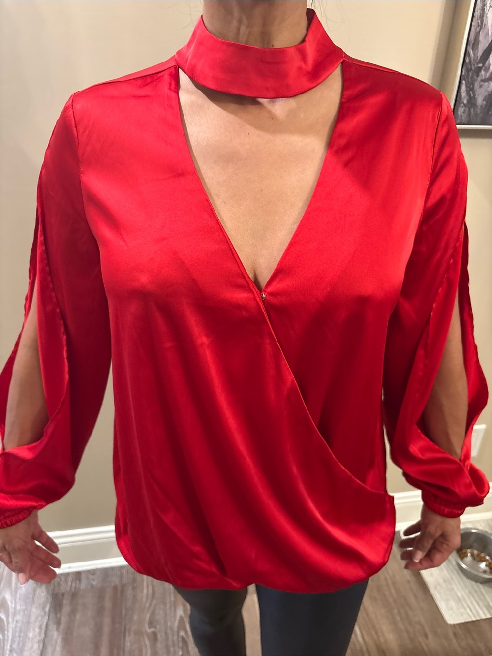 BOLD elements Red Satin Surplice Choker Blouse